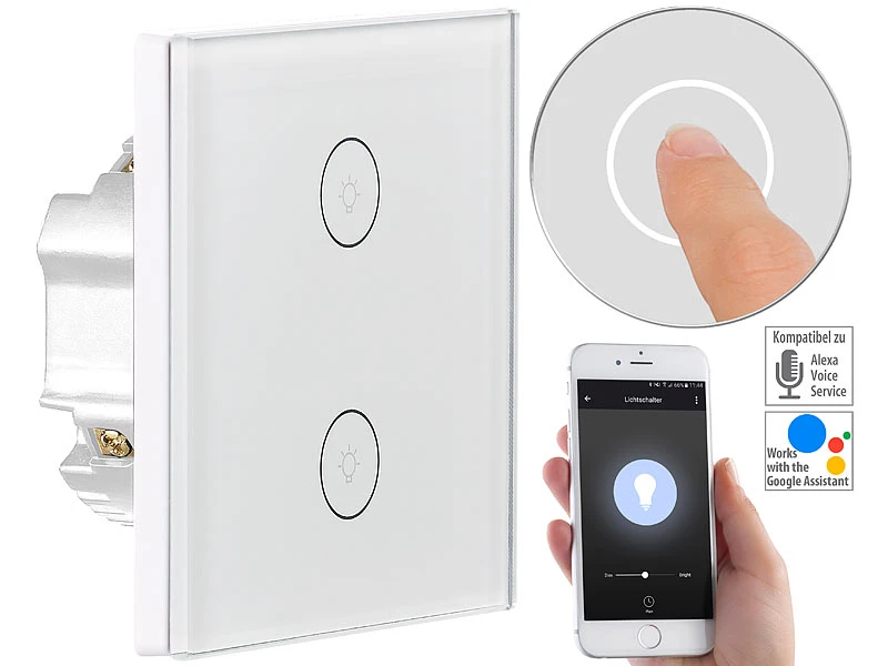 Luminea Home Control Touch Lichtschalter:2er-Set Touch-Doppel-Lichttaster, Komp. Zu Alexa & Google Assistant 11 Luminea Home Control Touch Lichtschalter:2er-Set Touch-Doppel-Lichttaster, Komp. Zu Alexa & Google Assistant – Bild 9