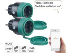 Luminea Home Control Zeitschaltuhr Außen:2er-Set Outdoor-WLAN-Steckdosen F. Alexa, Siri & Google Assistant, 16A -Pearl Shop nx4673 6