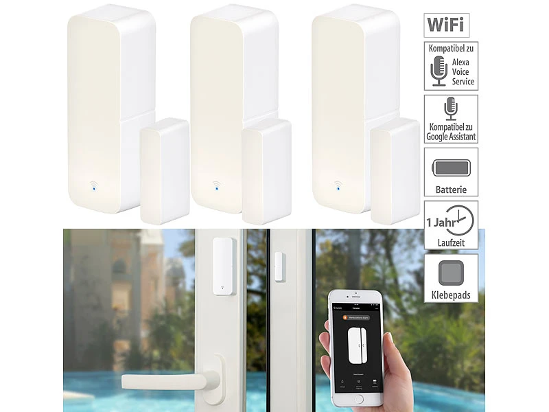 Luminea Home Control Türkontakt WLAN:3er-Set WLAN-Tür- & Fensteralarm Mit App, Für Alexa & Google Assistant 3 Luminea Home Control Türkontakt WLAN:3er-Set WLAN-Tür- & Fensteralarm Mit App, Für Alexa & Google Assistant
