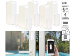 Luminea Home Control WLAN Fensterkontakt:5er-Set WLAN-Tür- & Fensteralarm Mit App, Für Alexa & Google Assistant