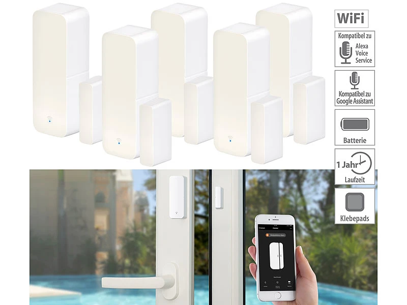 Luminea Home Control WLAN Fensterkontakt:5er-Set WLAN-Tür- & Fensteralarm Mit App, Für Alexa & Google Assistant 3 Luminea Home Control WLAN Fensterkontakt:5er-Set WLAN-Tür- & Fensteralarm Mit App, Für Alexa & Google Assistant