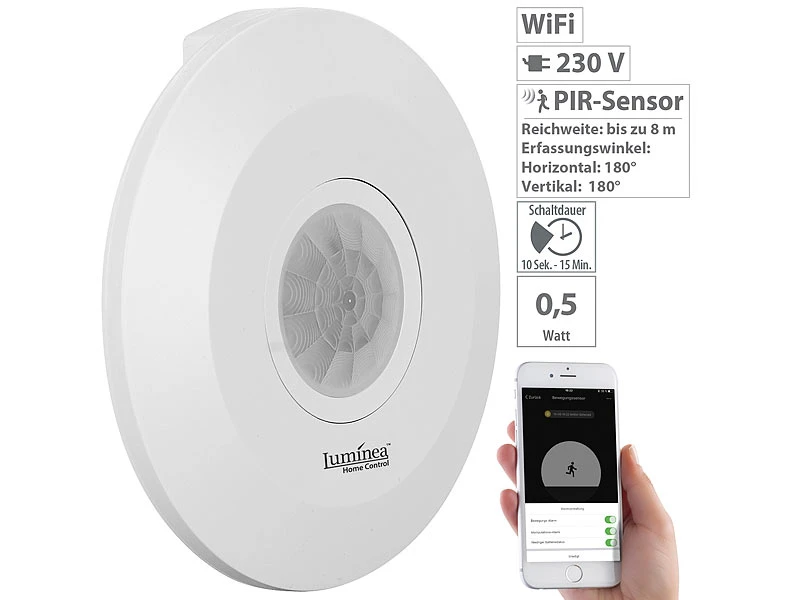 Luminea Home Control Bewegungsmelder Alexa:Extra-flacher WLAN-PIR-Bewegungsmelder Mit App, 360°, 230 Volt 3 Luminea Home Control Bewegungsmelder Alexa:Extra-flacher WLAN-PIR-Bewegungsmelder Mit App, 360°, 230 Volt