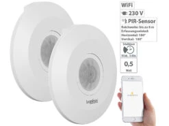 Luminea Home Control WiFi Bewegungsmelder:2er-Set Extra-flacher WLAN-PIR-Bewegungsmelder Mit App, 360°, 230 Volt