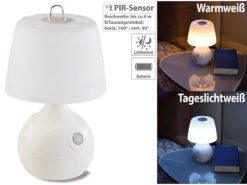 Lunartec Nachttischlampe Kabellos:2er-Set LED-Tischlampe, PIR- & Licht-Sensor, Warm- & Tageslichtweiß -Pearl Shop nx5737 7
