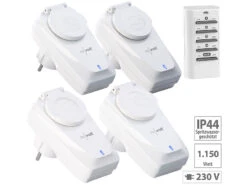 Pearl Shop 21 Revolt Funkschalter Außen:4er-Set Außen-Funksteckdosen, Fernbedienung, IP44, Bis 5 A, 1.150 Watt