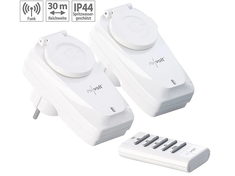 Revolt Funksteckdose Außen:2er-Set Outdoor-Funksteckdosen Mit Fernbedienung, IP44, Bis 3.680 Watt 2 Revolt Funksteckdose Außen:2er-Set Outdoor-Funksteckdosen Mit Fernbedienung, IP44, Bis 3.680 Watt