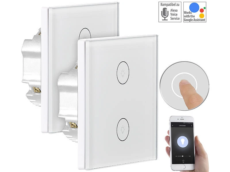 Luminea Home Control Touch Lichtschalter:2er-Set Touch-Doppel-Lichttaster, Komp. Zu Alexa & Google Assistant 3 Luminea Home Control Touch Lichtschalter:2er-Set Touch-Doppel-Lichttaster, Komp. Zu Alexa & Google Assistant