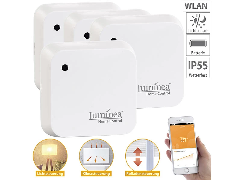Luminea Home Control Lichtsensor Alexa:4er-Set Wetterfeste WLAN-Licht- & Dämmerungs-Sensoren Mit App, IP55 3 Luminea Home Control Lichtsensor Alexa:4er-Set Wetterfeste WLAN-Licht- & Dämmerungs-Sensoren Mit App, IP55