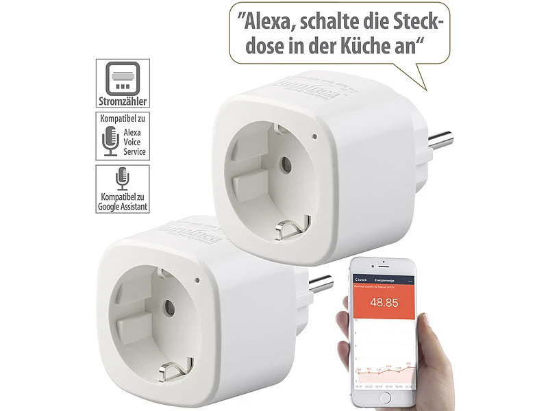 Luminea Home Control Energiemessgerät WLAN:2er-Set WLAN-Steckdosen, Amazon Alexa & Google Assistant Komp., 16 A 4 Luminea Home Control Energiemessgerät WLAN:2er-Set WLAN-Steckdosen, Amazon Alexa & Google Assistant Komp., 16 A – Bild 2