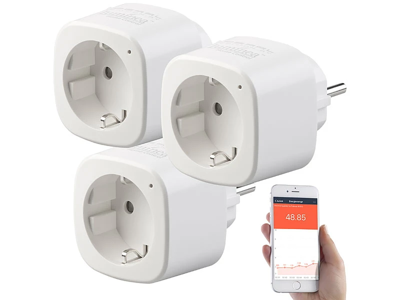 Luminea Home Control 3er-Set WLAN-Steckdosen Mit Energiekostenmesser, App & Sprachsteuerung 3 Luminea Home Control 3er-Set WLAN-Steckdosen Mit Energiekostenmesser, App & Sprachsteuerung