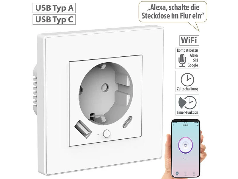 Luminea Home Control Steckdosen:10er-Set WLAN-Unterputzsteckdosen Mit App, Je 1x USB A, 1x USB C, 2 A 10 Luminea Home Control Steckdosen:10er-Set WLAN-Unterputzsteckdosen Mit App, Je 1x USB A, 1x USB C, 2 A – Bild 8