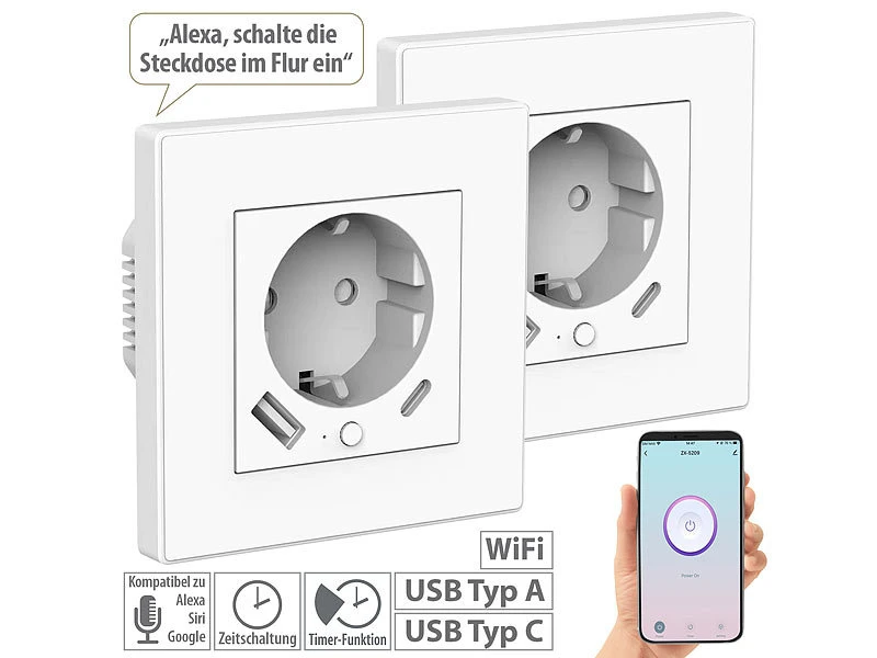 Luminea Home Control Ladeport Steckdose:3er-Set WLAN-Unterputzsteckdosen Mit App, Je 1x USB A, 1x USB C, 2 A 3 Luminea Home Control Ladeport Steckdose:3er-Set WLAN-Unterputzsteckdosen Mit App, Je 1x USB A, 1x USB C, 2 A