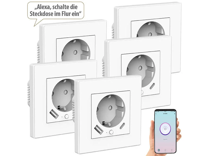 Luminea Home Control W LAN Steckdosen:5er-Set WLAN-Unterputzsteckdosen Mit App, Je 1x USB A, 1x USB C, 2 A 4 Luminea Home Control W LAN Steckdosen:5er-Set WLAN-Unterputzsteckdosen Mit App, Je 1x USB A, 1x USB C, 2 A – Bild 2