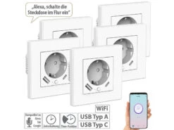 Luminea Home Control W LAN Steckdosen:5er-Set WLAN-Unterputzsteckdosen Mit App, Je 1x USB A, 1x USB C, 2 A
