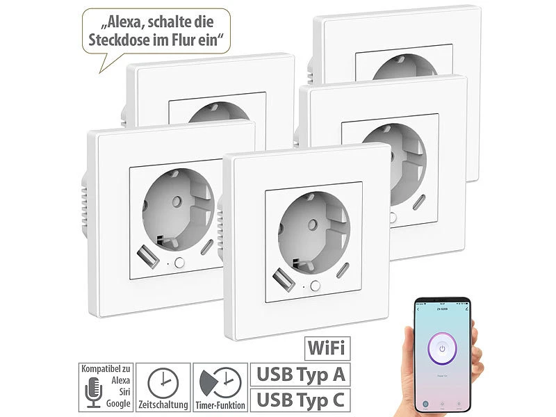 Luminea Home Control W LAN Steckdosen:5er-Set WLAN-Unterputzsteckdosen Mit App, Je 1x USB A, 1x USB C, 2 A 3 Luminea Home Control W LAN Steckdosen:5er-Set WLAN-Unterputzsteckdosen Mit App, Je 1x USB A, 1x USB C, 2 A
