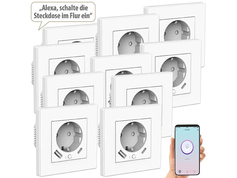 Luminea Home Control Steckdosen:10er-Set WLAN-Unterputzsteckdosen Mit App, Je 1x USB A, 1x USB C, 2 A 3 Luminea Home Control Steckdosen:10er-Set WLAN-Unterputzsteckdosen Mit App, Je 1x USB A, 1x USB C, 2 A