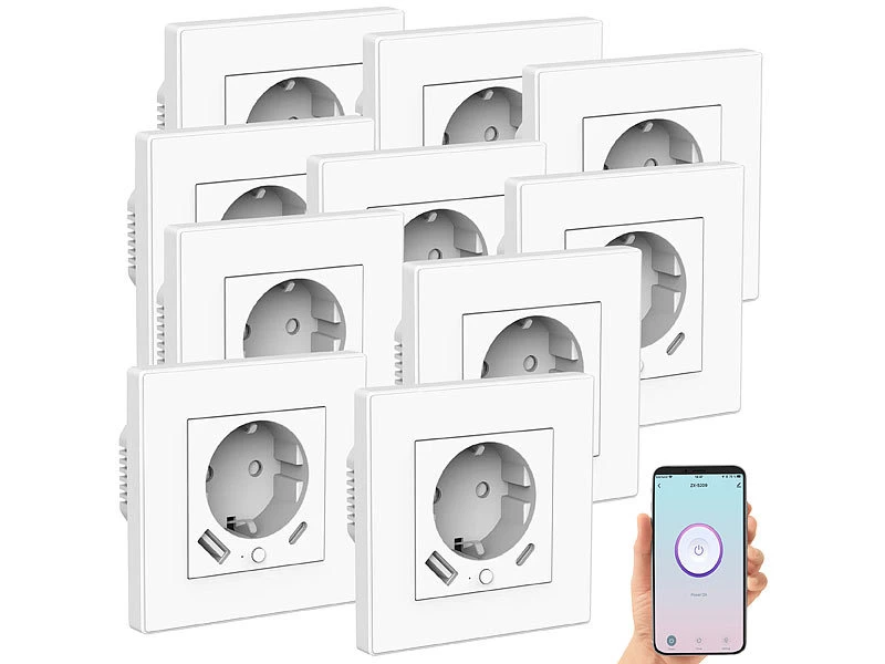 Luminea Home Control Steckdosen:10er-Set WLAN-Unterputzsteckdosen Mit App, Je 1x USB A, 1x USB C, 2 A 4 Luminea Home Control Steckdosen:10er-Set WLAN-Unterputzsteckdosen Mit App, Je 1x USB A, 1x USB C, 2 A – Bild 2