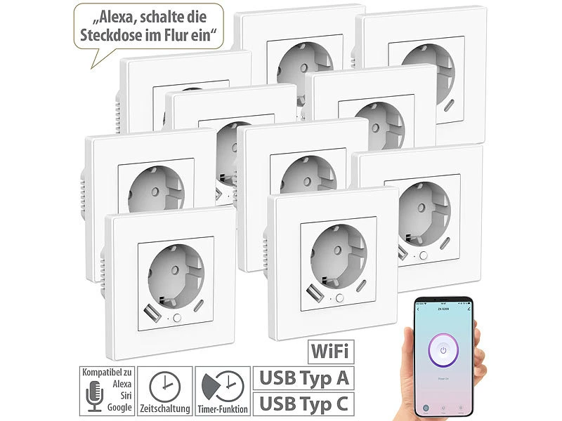 Luminea Home Control Steckdosen:10er-Set WLAN-Unterputzsteckdosen Mit App, Je 1x USB A, 1x USB C, 2 A 5 Luminea Home Control Steckdosen:10er-Set WLAN-Unterputzsteckdosen Mit App, Je 1x USB A, 1x USB C, 2 A – Bild 3