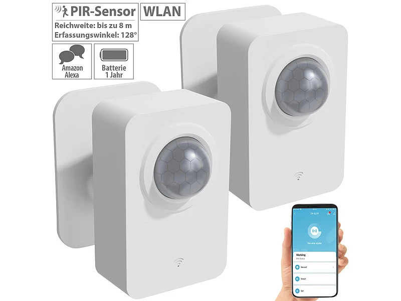 Luminea Home Control Bewegungsmelder Alarm:2er-Set ZigBee-PIR-Bewegungsmelder, 8 M Reichweite, App 2 Luminea Home Control Bewegungsmelder Alarm:2er-Set ZigBee-PIR-Bewegungsmelder, 8 M Reichweite, App
