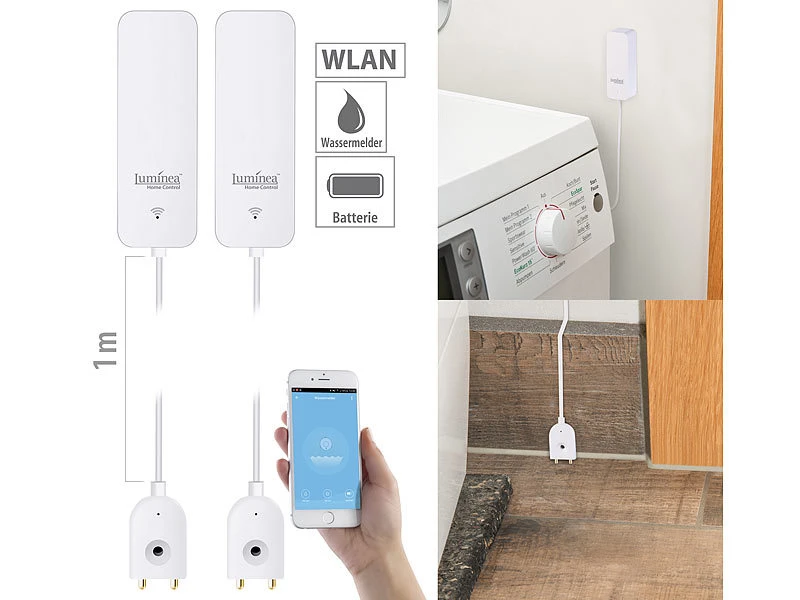 Luminea Home Control ZigBee Wassersensor:2er-Set ZigBee-Wassermelder Mit Externem Sensor, App 3 Luminea Home Control ZigBee Wassersensor:2er-Set ZigBee-Wassermelder Mit Externem Sensor, App