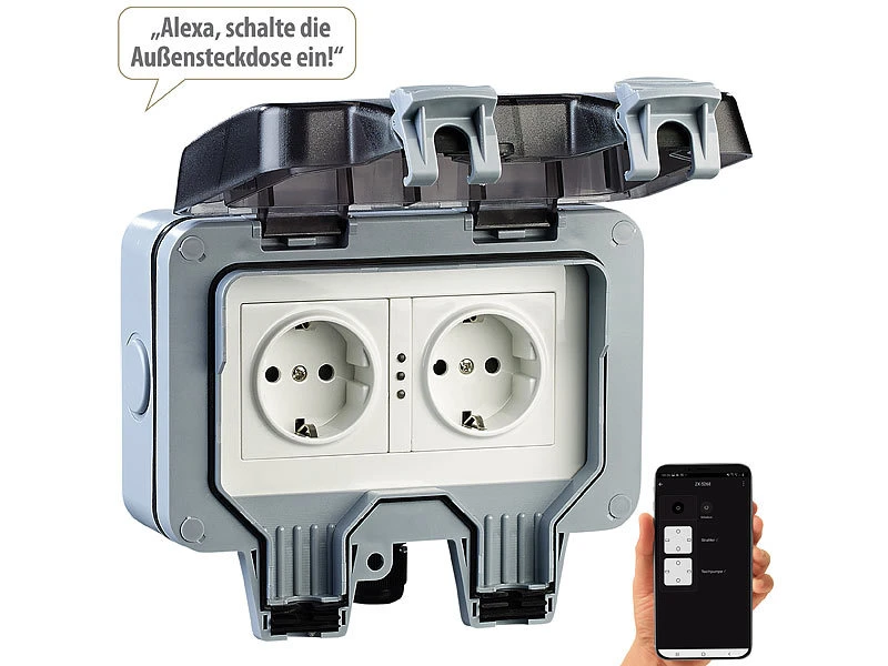 Luminea Home Control WLAN Steckdose:Outdoor-WLAN-Aufputz-Doppelsteckdose, Sprachbefehl, Strommessung, App 4 Luminea Home Control WLAN Steckdose:Outdoor-WLAN-Aufputz-Doppelsteckdose, Sprachbefehl, Strommessung, App – Bild 2