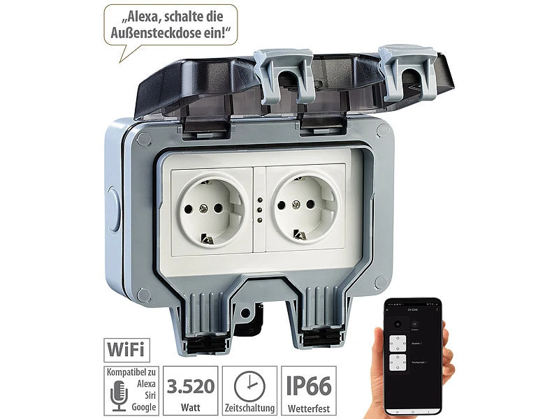 Luminea Home Control WLAN Steckdose:Outdoor-WLAN-Aufputz-Doppelsteckdose, Sprachbefehl, Strommessung, App 3 Luminea Home Control WLAN Steckdose:Outdoor-WLAN-Aufputz-Doppelsteckdose, Sprachbefehl, Strommessung, App