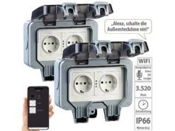 Luminea Home Control Außensteckdose WLAN:2er-Set Outdoor-WLAN-Doppelsteckdosen, Sprachbefehl, Strommessung, App