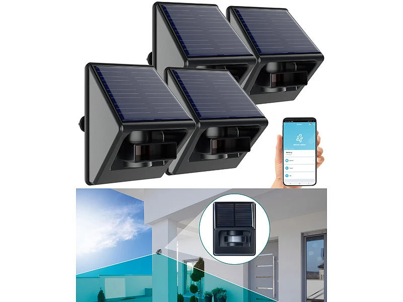 Luminea Home Control Bewegungssensor PIR:4er-Set Outdoor-PIR-Sensoren, Solarpanel, App, IP55, ZigBee-kompatibel 4 Luminea Home Control Bewegungssensor PIR:4er-Set Outdoor-PIR-Sensoren, Solarpanel, App, IP55, ZigBee-kompatibel – Bild 2