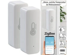 Luminea Home Control ZigBee Hygrometer:2er-Set ZigBee-Temperatur- & Luftfeuchtigkeits-Sensoren Mit App
