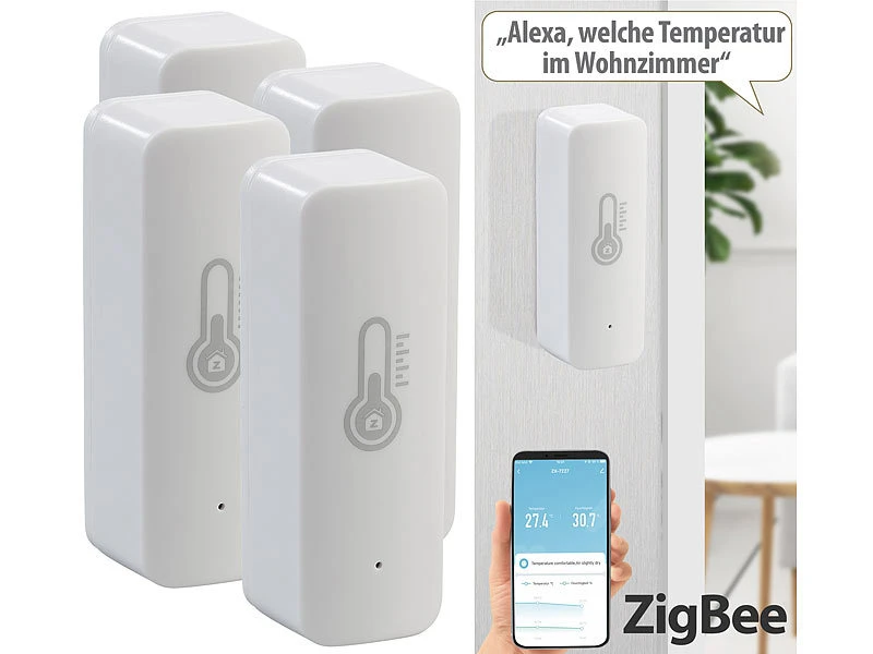 Luminea Home Control Temperatur Datenlogger:4er-Set ZigBee-Temperatur- & Luftfeuchtigkeits-Sensoren Mit App 4 Luminea Home Control Temperatur Datenlogger:4er-Set ZigBee-Temperatur- & Luftfeuchtigkeits-Sensoren Mit App – Bild 2