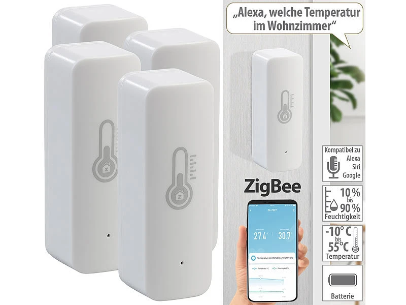 Luminea Home Control Temperatur Datenlogger:4er-Set ZigBee-Temperatur- & Luftfeuchtigkeits-Sensoren Mit App 3 Luminea Home Control Temperatur Datenlogger:4er-Set ZigBee-Temperatur- & Luftfeuchtigkeits-Sensoren Mit App